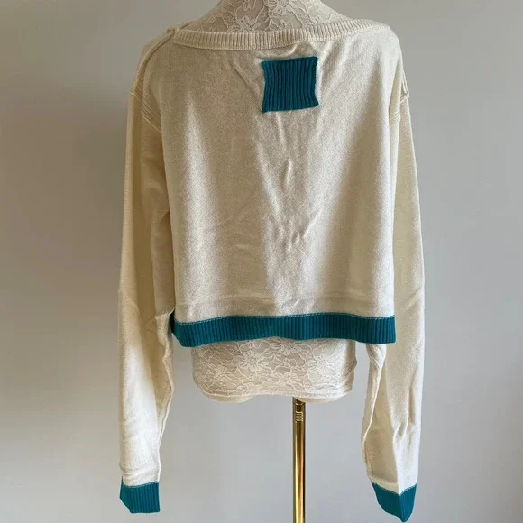 We The Free Cream Blue Cropped Knit Sweater Long Sleeve Casual Womens Size L Nwt - Picture 3 of 9